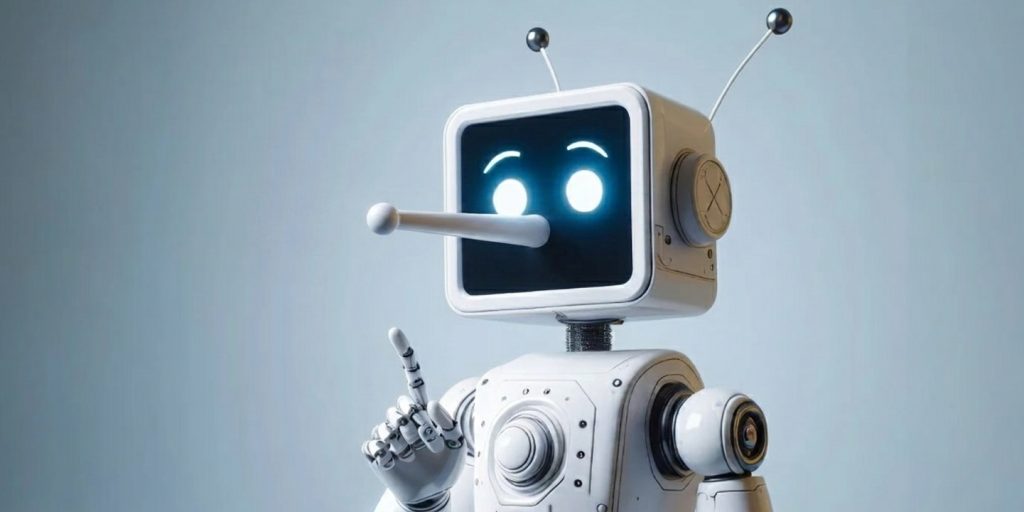 Illustration of a white robot with a long extending nose, styled after Pinocchio, representing AI systems that state false information confidently.