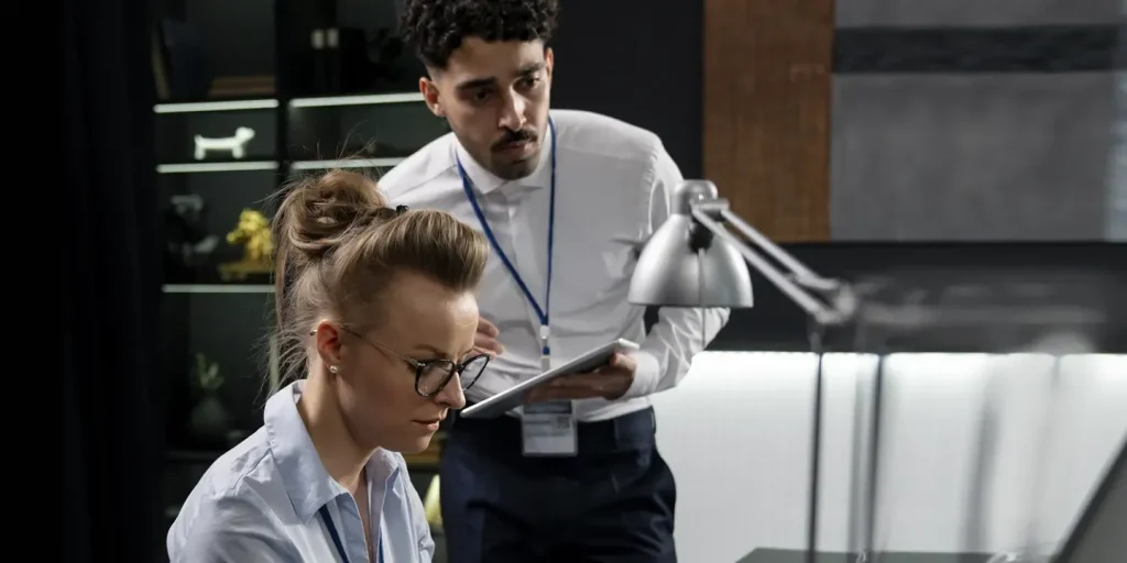 A woman seated at a desk and a man standing beside her both look at a tablet screen in an office.
