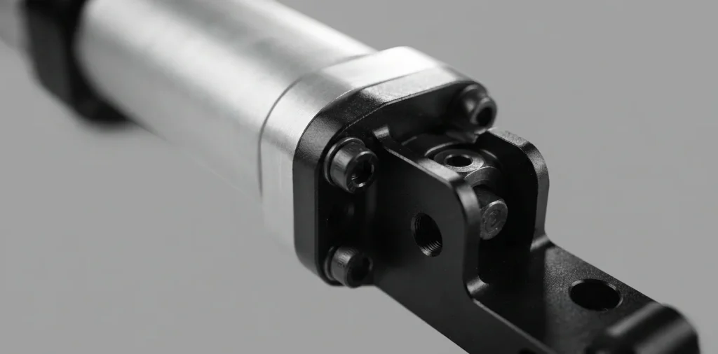 Close-up of an electromechanical linear actuator's mounting bracket and pivot joint