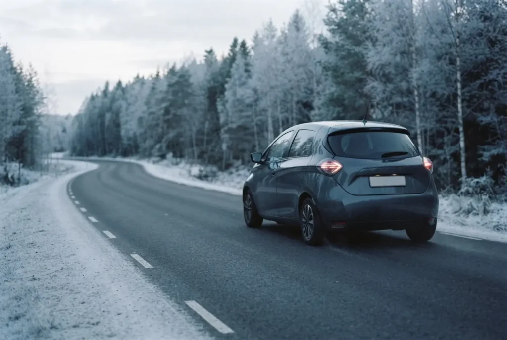A dark gray-blue electric hatchback seen from behind, driving along a curving two-lane road through a frost-covered forest in winter.